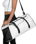 Travel More Worry Less white 50 litre duffle bag with black handles and strap – front view