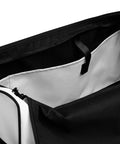 Travel More Worry Less white 50 litre duffle bag with black handles and strap – inside pocket