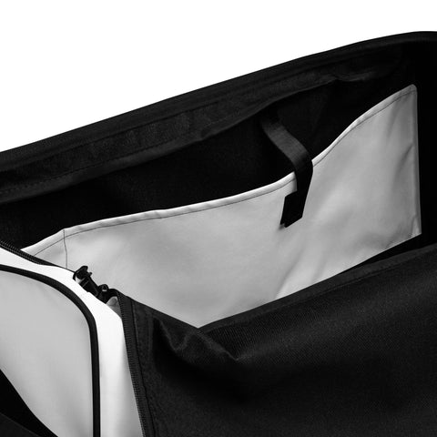 Travel More Worry Less white 50 litre duffle bag with black handles and strap – inside pocket