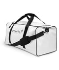 Travel More Worry Less white 50 litre duffle bag with black handles and strap – front left angle
