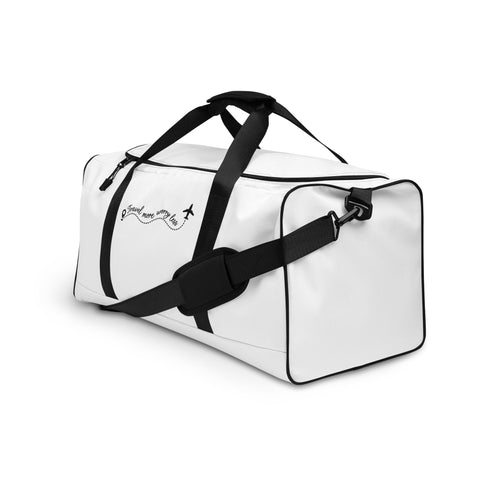 Travel More Worry Less white 50 litre duffle bag with black handles and strap – front left angle