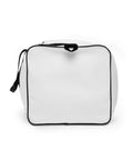 Travel More Worry Less white 50 litre duffle bag with black handles and strap – plain side