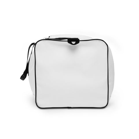 Travel More Worry Less white 50 litre duffle bag with black handles and strap – plain side