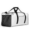 Travel More Worry Less white 50 litre duffle bag with black handles and strap – front right angle