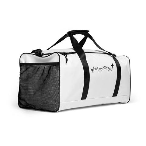Travel More Worry Less white 50 litre duffle bag with black handles and strap – front right angle