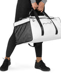 Travel More Worry Less white 50 litre duffle bag with black handles and strap – front side view