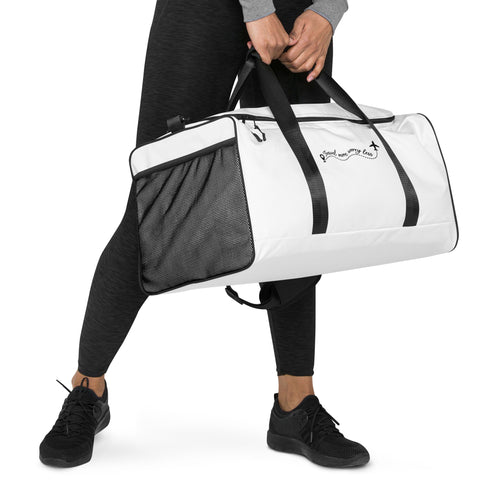 Travel More Worry Less white 50 litre duffle bag with black handles and strap – front side view