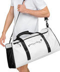 Travel More Worry Less white 50 litre duffle bag with black handles and strap – front angled view