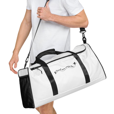 Travel More Worry Less white 50 litre duffle bag with black handles and strap – front angled view