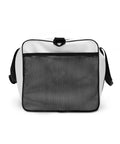 Travel More Worry Less white 50 litre duffle bag with black handles and strap – mesh pocket side