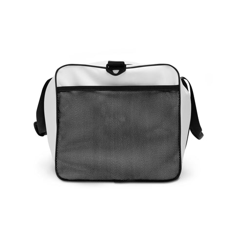 Travel More Worry Less white 50 litre duffle bag with black handles and strap – mesh pocket side