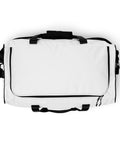 Travel More Worry Less white 50 litre duffle bag with black handles and strap – top
