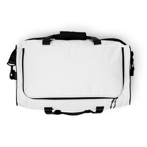 Travel More Worry Less white 50 litre duffle bag with black handles and strap – top