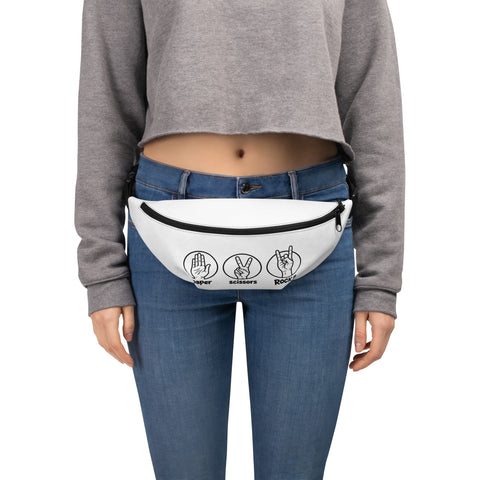 Paper Scissors Rock white fanny pack with original paper, scissors and rock hand signs centred on front – product view 1