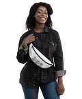 Paper Scissors Rock white fanny pack with original paper, scissors and rock hand signs centred on front – product view 3