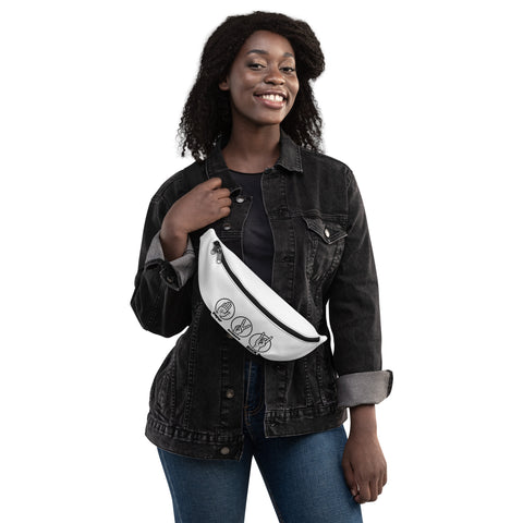 Paper Scissors Rock white fanny pack with original paper, scissors and rock hand signs centred on front – product view 3