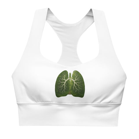 Forest Lungs white longline sports bra – front view with original green woodland lungs illustration – view 1
