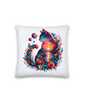 White 14 × 14 inch Sunset Cat decorative pillow with one colourful cat, sunset and floral illustration on the front.