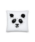 White 14 by 14 inch premium throw pillow with a black ink-splatter panda face on the front.