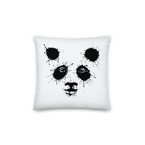 White 14 by 14 inch premium throw pillow with a black ink-splatter panda face on the front.