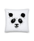 White 16 by 16 inch premium throw pillow with a black ink-splatter panda face on the front.
