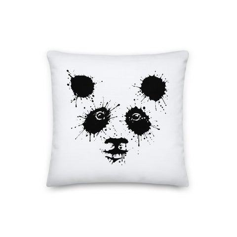 White 16 by 16 inch premium throw pillow with a black ink-splatter panda face on the front.