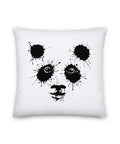 White 18 by 18 inch premium throw pillow with a black ink-splatter panda face on the front.