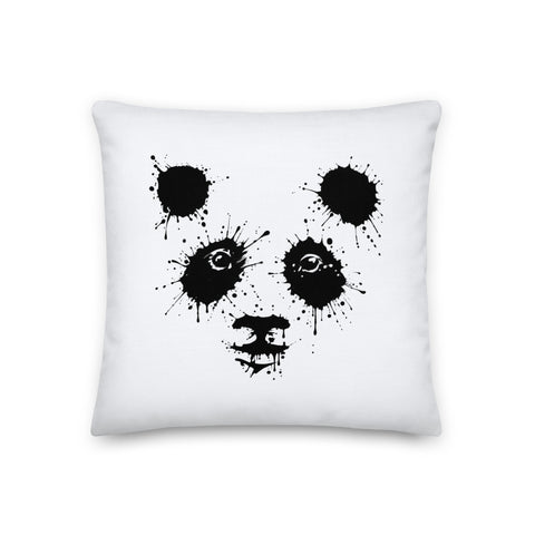 White 18 by 18 inch premium throw pillow with a black ink-splatter panda face on the front.