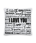 Love in Every Language 18-inch premium white pillow with large black multilingual typography – front