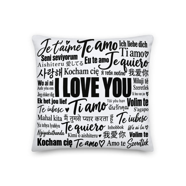 Love in Every Language 18-inch premium white pillow with large black multilingual typography – front