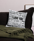 Love in Every Language 18-inch premium white pillow with large black multilingual typography – front lifestyle view