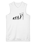 Evolution of Basketball white youth recycled jersey with complete black evolution and slam-dunk illustration – front