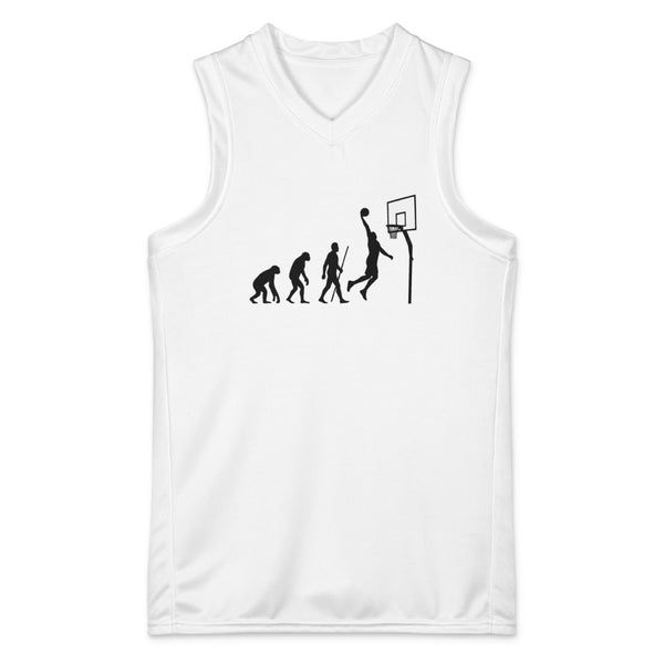 Evolution of Basketball white youth recycled jersey with complete black evolution and slam-dunk illustration – front