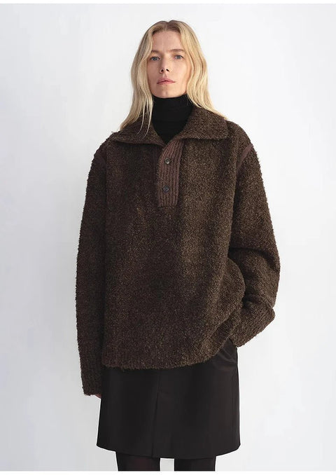 Alpaca wool blended bouclé yarn Spliced POLO shirt Lazy and relaxed sweater