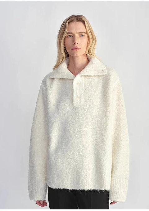 Alpaca wool blended bouclé yarn Spliced POLO shirt Lazy and relaxed sweater