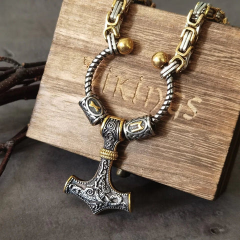 Ansuz Mannaz Mjölnir - Rune Byzantine King Chain Thor's Hammer Amulet