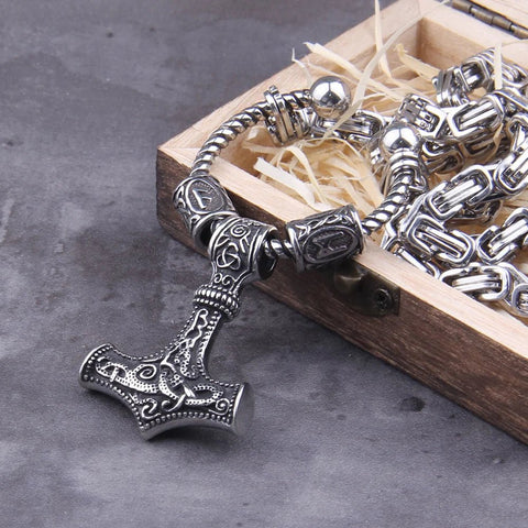 Ansuz Mannaz Mjölnir - Rune Byzantine King Chain Thor's Hammer Amulet