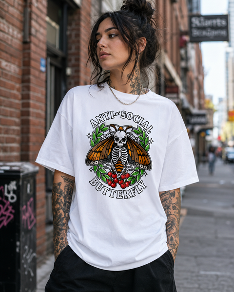 Anti Social Butterfly Skeleton Moth oversized high neck t-shirt