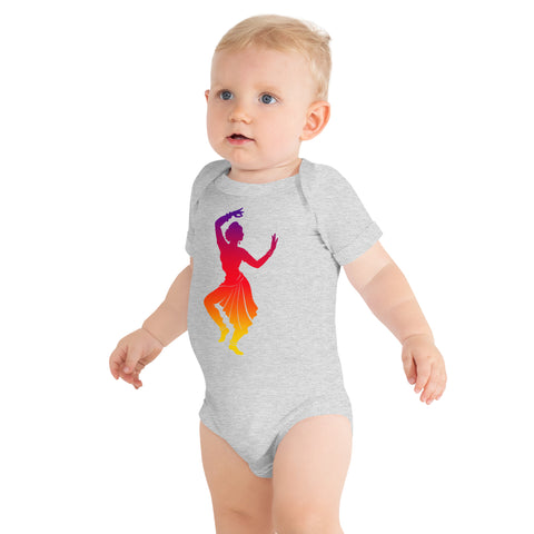 Athletic Heather baby bodysuit with a colourful purple-to-yellow classical dancer silhouette on the front – ZIPZAPPA