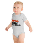 Athletic Heather baby bodysuit with original rust-orange and black Karma Has No Deadline lettering on the front – ZIPZAPPA