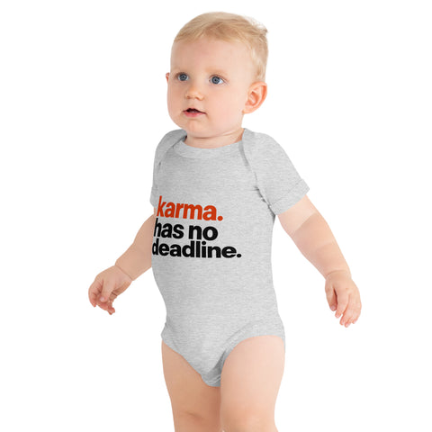Athletic Heather baby bodysuit with original rust-orange and black Karma Has No Deadline lettering on the front – ZIPZAPPA