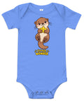 Blue Little Wonder baby bodysuit with a cheerful otter hugging a yellow star, front view.
