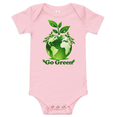 Pink baby bodysuit with original leafy green globe and Go Green lettering on the front – ZIPZAPPA