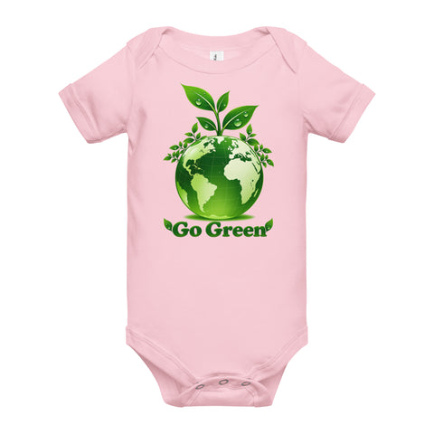 Pink baby bodysuit with original leafy green globe and Go Green lettering on the front – ZIPZAPPA
