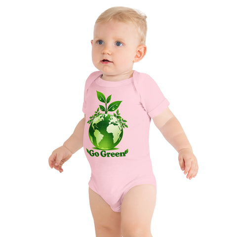 Pink baby bodysuit with original leafy green globe and Go Green lettering on the front – ZIPZAPPA