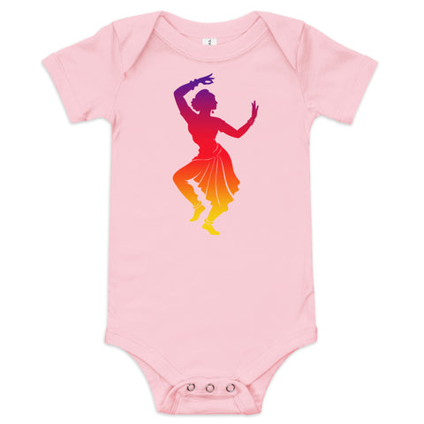 Pink baby bodysuit with a colourful purple-to-yellow classical dancer silhouette on the front – ZIPZAPPA