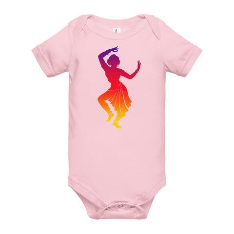 Pink baby bodysuit with a colourful purple-to-yellow classical dancer silhouette on the front – ZIPZAPPA