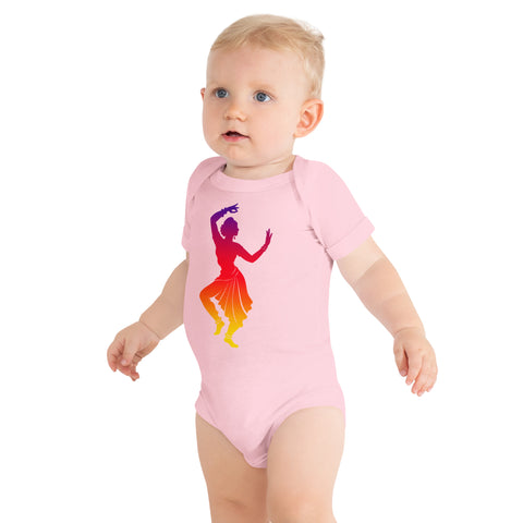 Pink baby bodysuit with a colourful purple-to-yellow classical dancer silhouette on the front – ZIPZAPPA