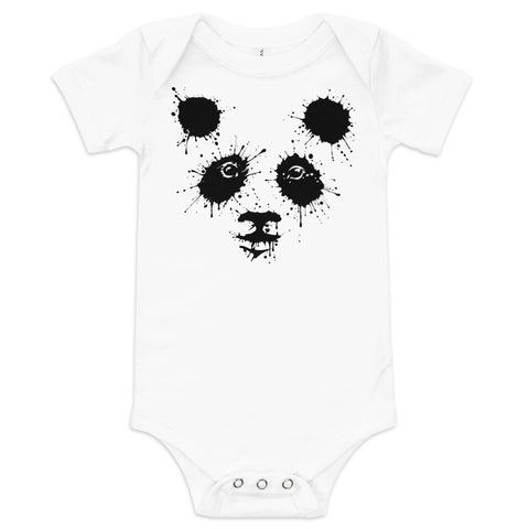 White baby bodysuit with original black ink-splatter panda artwork on the front – ZIPZAPPA
