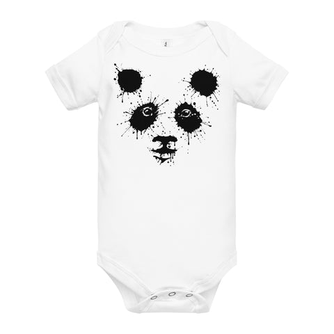 White baby bodysuit with original black ink-splatter panda artwork on the front – ZIPZAPPA